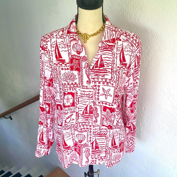 Jane + Delancey NWOT Nautical Red‎ White Button-Down Rayon & Linen Blend Top S - Picture 1 of 8